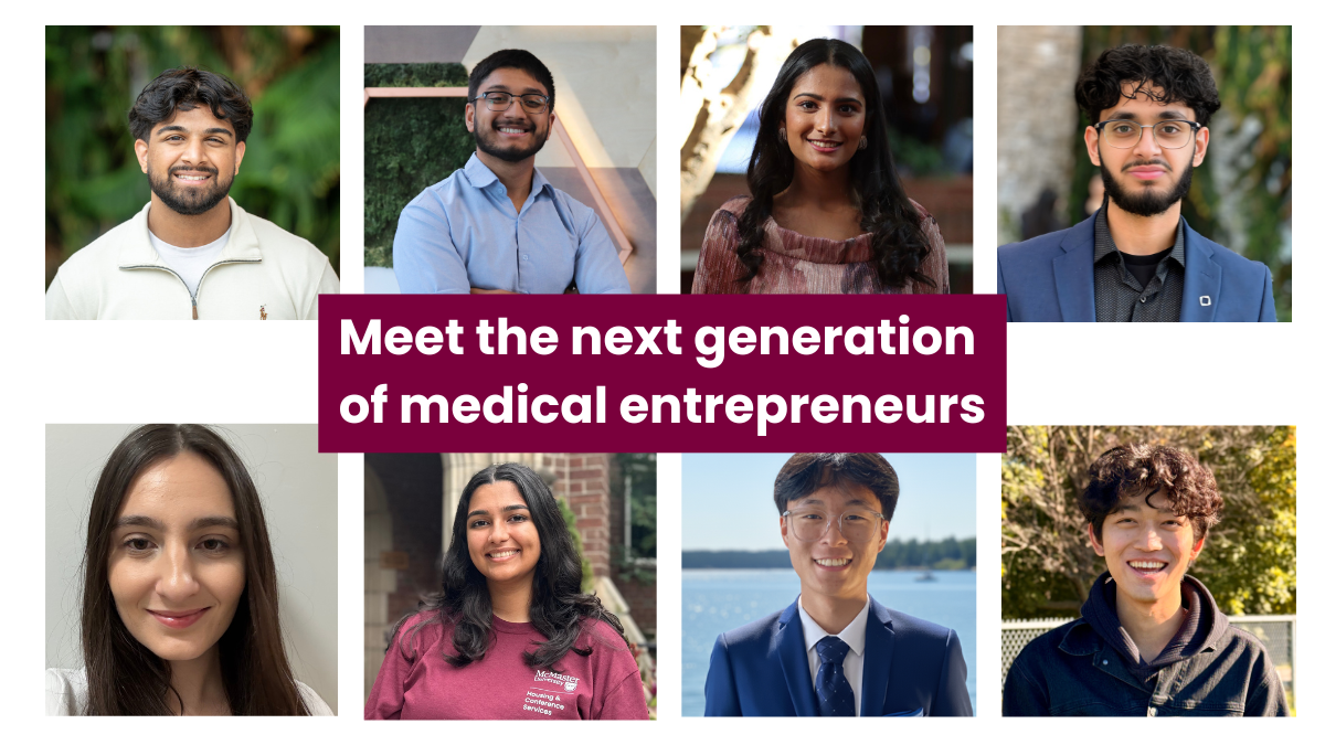 Eight students in McMaster’s iBioMed program in a composite group photo.