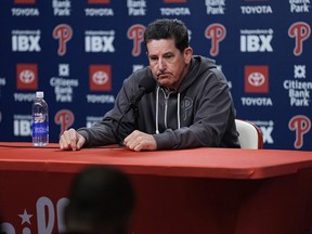 Philadelphia Phillies manager Rob Thomson speaks during a news conference Thursday, Oct. 16, 2025, in Philadelphia. (AP Photo/Matt Rourke)