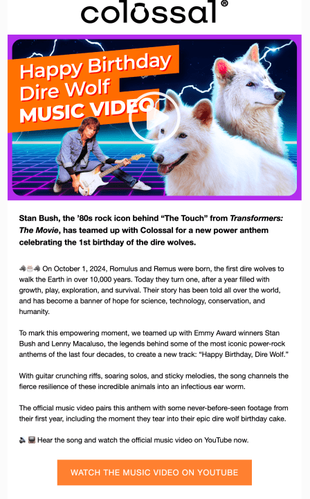 A new song from a “rock god” celebrates the first birthday of Colossal Bioscience’s genetically tweaked grey wolves (aka “dire wolves”)