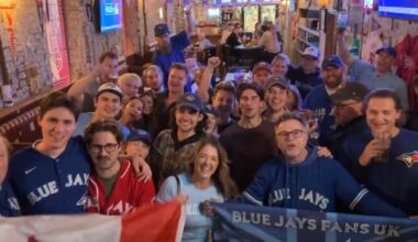 Dozens of Blue Jays fans in UK gather for Game 1 of World Series