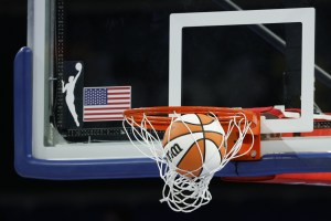 Aug 3, 2025; Chicago, Illinois, USA; Wilson basketball is seen next to WNBA logo before a game between the Chicago Sky and Phoenix Mercury at Wintrust Arena. Mandatory Credit: Kamil Krzaczynski-Imagn Images