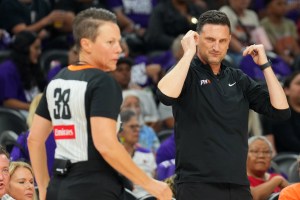 Oct 10, 2025; Phoenix, Arizona, USA; Phoenix Mercury head coach Nate Tibbetts reacts against the Las Vegas Aces during the second half of game four of the 2025 WNBA Finals at Mortgage Matchup Center. Mandatory Credit: Joe Camporeale-Imagn Images