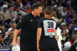 Oct 10, 2025; Phoenix, Arizona, USA; Phoenix Mercury head coach Nate Tibbetts argues with referee Gina Cross (38) and is ejected during the second half of game four against the Las Vegas Aces of the 2025 WNBA Finals at Mortgage Matchup Center. Mandatory Credit: Joe Camporeale-Imagn Images