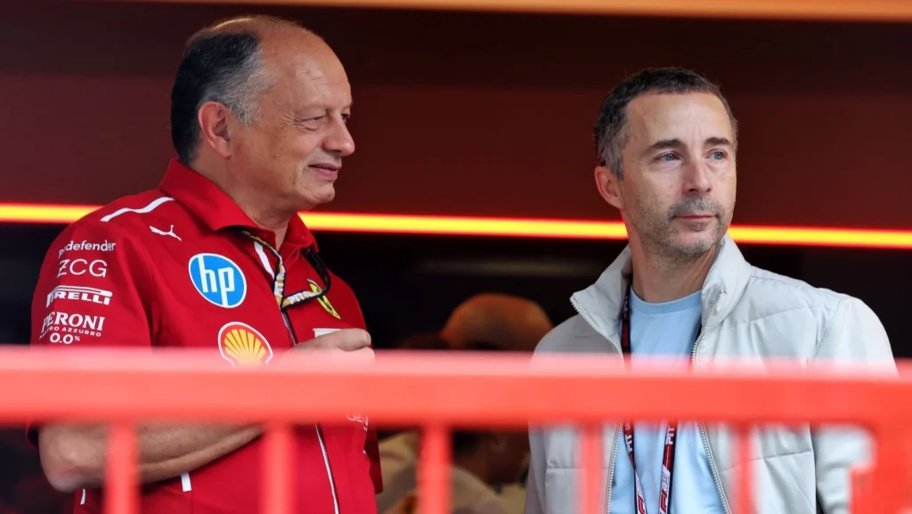 Nicolas Todt and Ferrari team principal Frédéric Vasseur in discussion amid growing pressure for the Scuderia to deliver results
