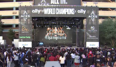 Las Vegas Aces celebrate third WNBA championship win at Toshiba Plaza