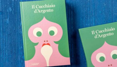 Book cover: il Cucchiaio d'Argento, featuring an illustration by Olimpia Zagnoli with a person's face with green hair licking a white spoon