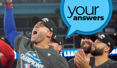 George Springer raises his arm in celebration. A text bubble says ‘Your Answers.’