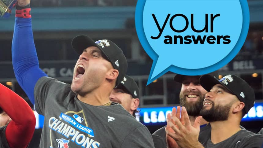 George Springer raises his arm in celebration. A text bubble says ‘Your Answers.’