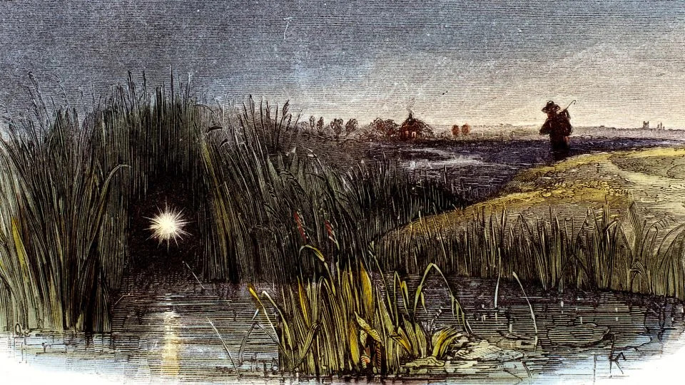 The will-o'-the-wisp's spectral glow, depicted in this detail from an engraving by Josiah Wood Whymper published in 1849's "Phenomena of Nature," now may have a scientific explanation: tiny flashes of lightning that ignite microscopic methane bubbles. - Science & Society Picture Library/Getty Images