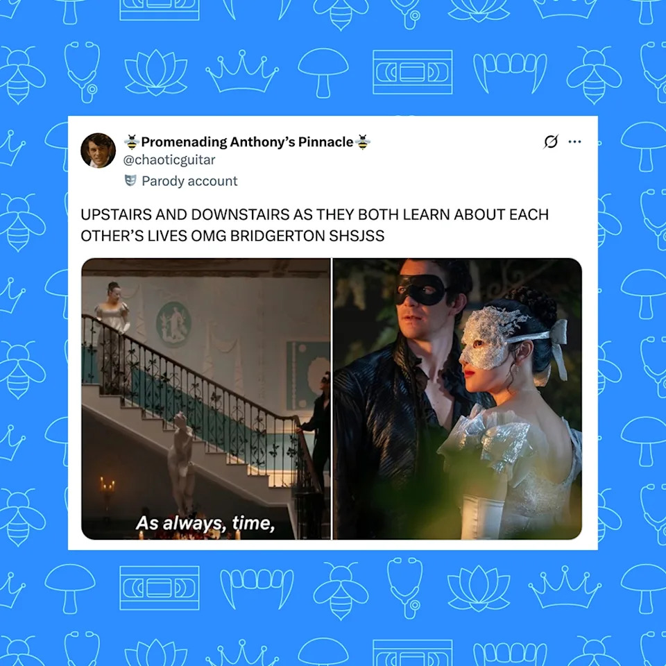 Split-screen image: Left shows a person at the bottom of a grand staircase; right shows two people in elegant masquerade attire. Text references a "Bridgerton" parody