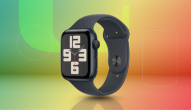The Apple Watch SE is displayed against a gradient green, yellow and red background.