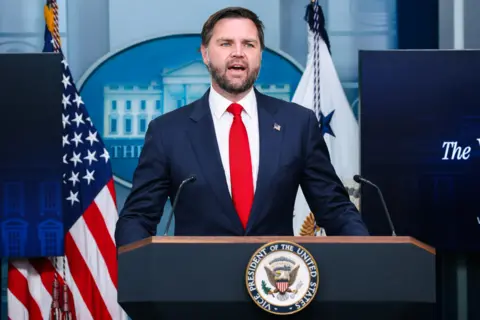 EPA US Vice President JD Vance speaks during a press briefing in the James S. Brady Press Briefing Room at the White House in Washington DC.