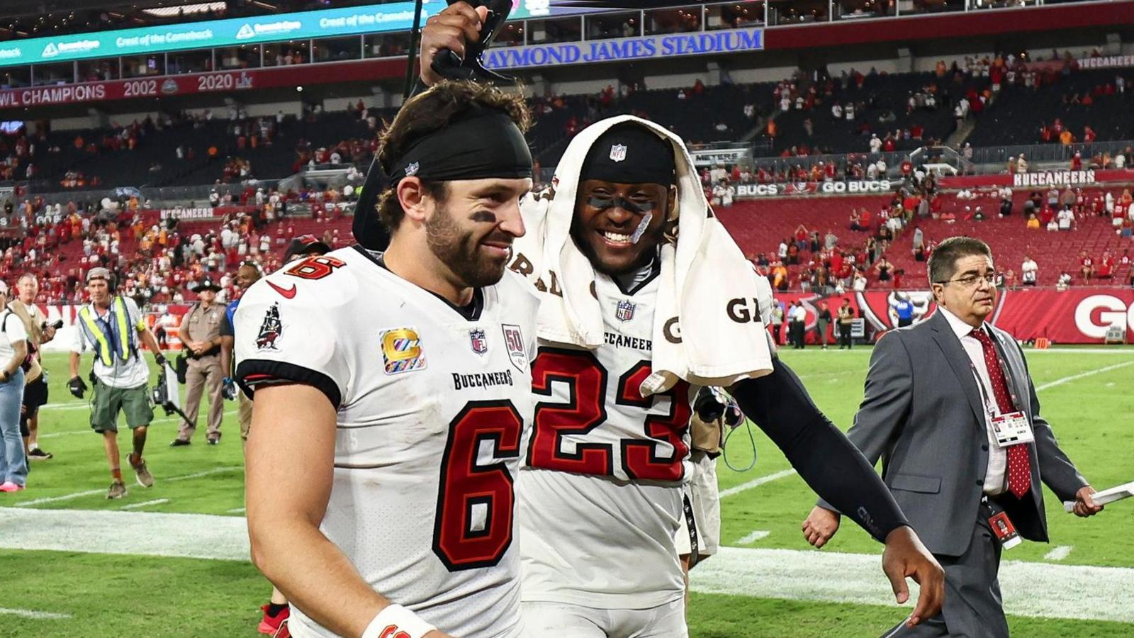 Baker Mayfield smiles as he walks off the field following Tampa Bay Buccaneers' win over the San Francisco 49ers in the NFL