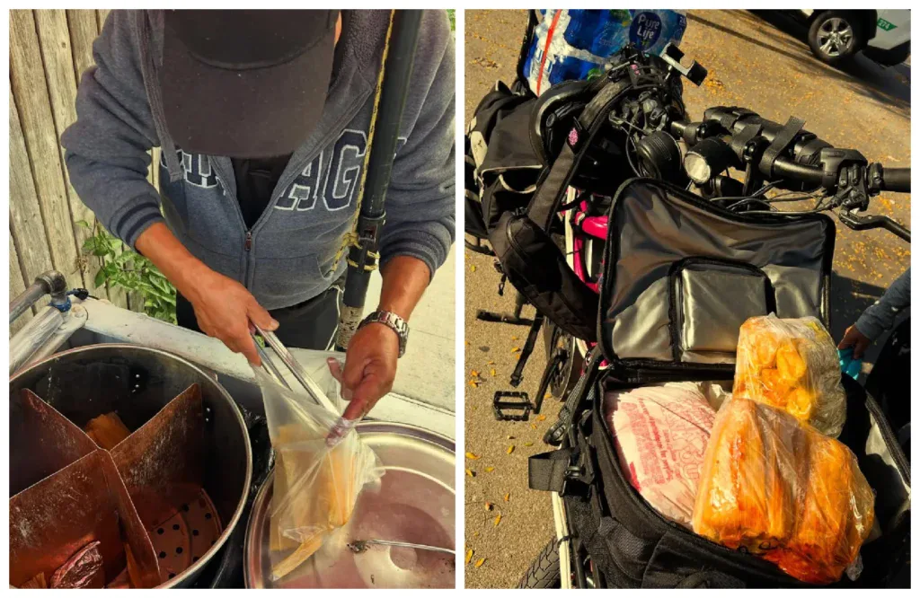 A tamale seller and a bike full of purchase tamales