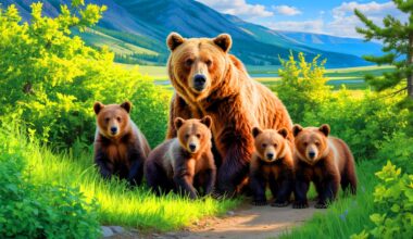 Illustration of a grizzly bear mother with five cubs in Yellowstone National Park.