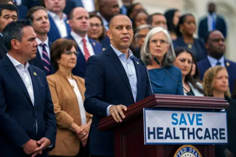EPA US House Minority Leader Hakeem Jeffries and other Democratic House members hold a press conference on the US Capitol steps a day before a partial government shutdown commenced in Washington DC.