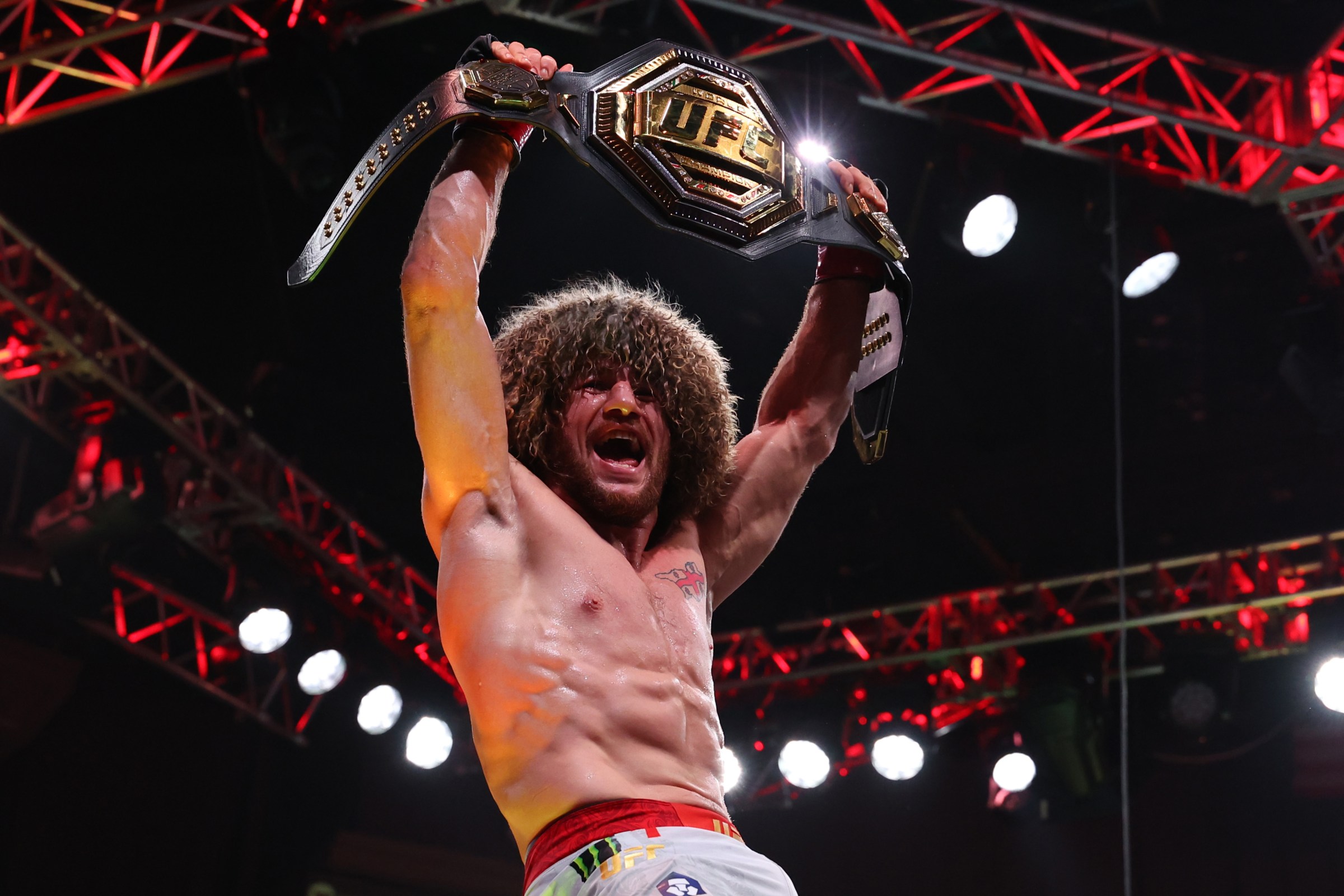 NEWARK, NEW JERSEY - JUNE 07: Merab Dvalishvili of Georgia reacts after his submission victory against Sean O’Malley in the UFC bantamweight championship bout during the UFC 316 event at Prudential Center on June 07, 2025 in Newark, New Jersey. (Photo by Ed Mulholland/Zuffa LLC)