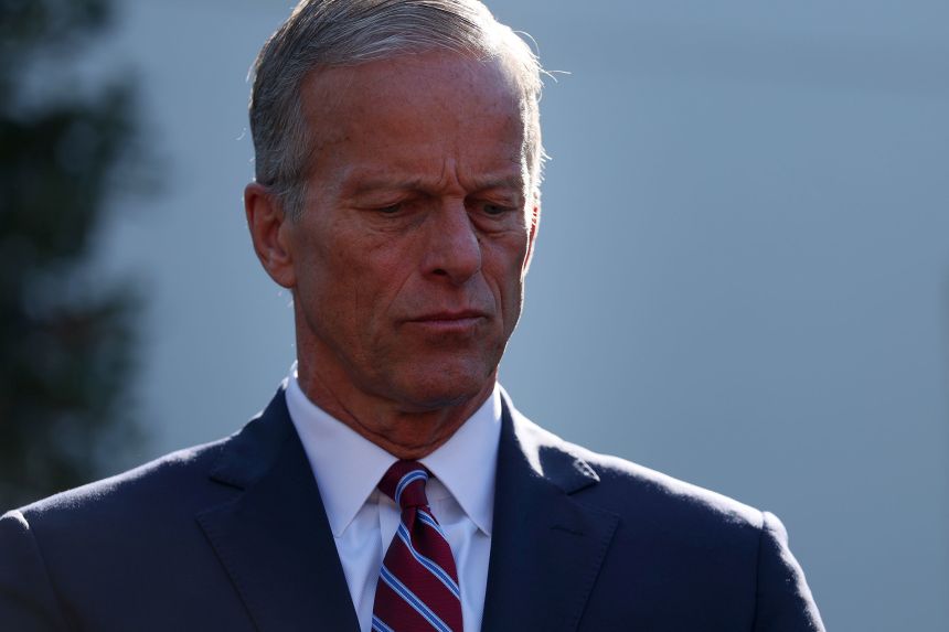 Senate Majority Leader John Thune speaks to reporters alongside Senate Republican Leadership outside of the West Wing of the White House on October 21.