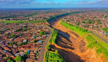 Illustration of urban gullies threatening residential areas in the Democratic Republic of the Congo.
