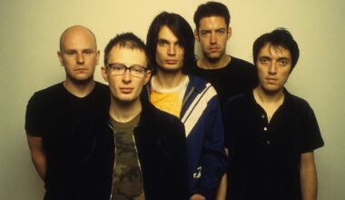 LOS ANGELES, CA - JUNE 12: Rock band Radiohead poses for a portrait at Capitol Records during the release of their album OK Computer in Los Angeles, California on June 12, 1997. (Photo by Jim Steinfeldt/Michael Ochs Archives/Getty Images)