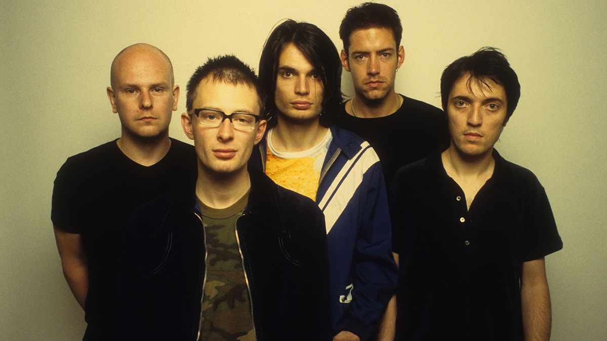 LOS ANGELES, CA - JUNE 12: Rock band Radiohead poses for a portrait at Capitol Records during the release of their album OK Computer in Los Angeles, California on June 12, 1997. (Photo by Jim Steinfeldt/Michael Ochs Archives/Getty Images)