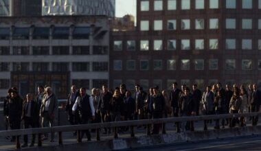 A large group of commuters walk across London Bridge in the early morning, with office buildings visible in the background.