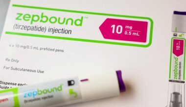 A Zepbound (tirzepatide) injection pen and its packaging, displaying dosage information for the weight loss drug.