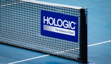 Hologic logo and slogan displayed on a blue sign attached to a tennis net on a hard court