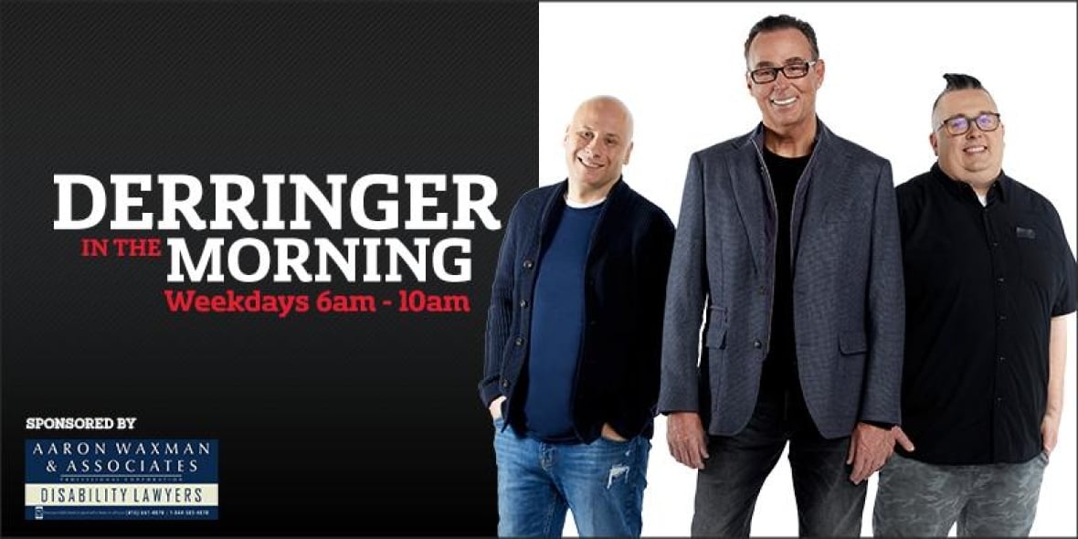 Poster for 'Derringer in the Morning' show, where three men are standing together smiling