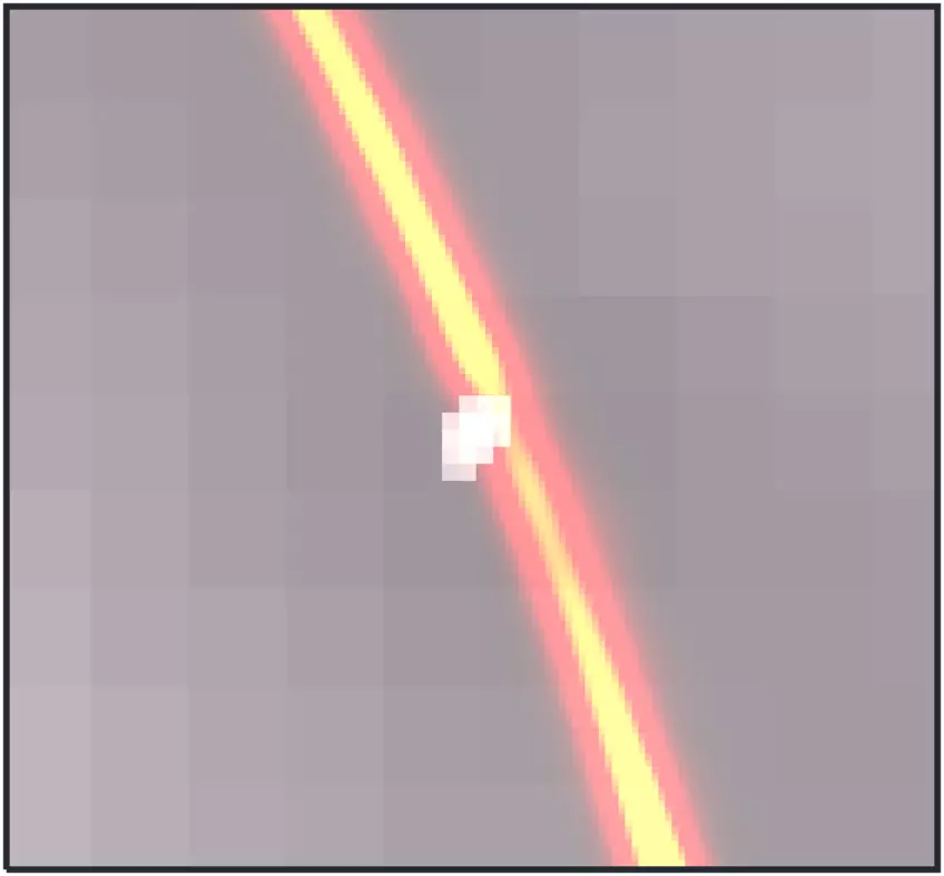 the line of the arc is pinched an a pixelated object is overlayed next to it. the line of the arc is pinched an a pixelated object is overlayed next to it.