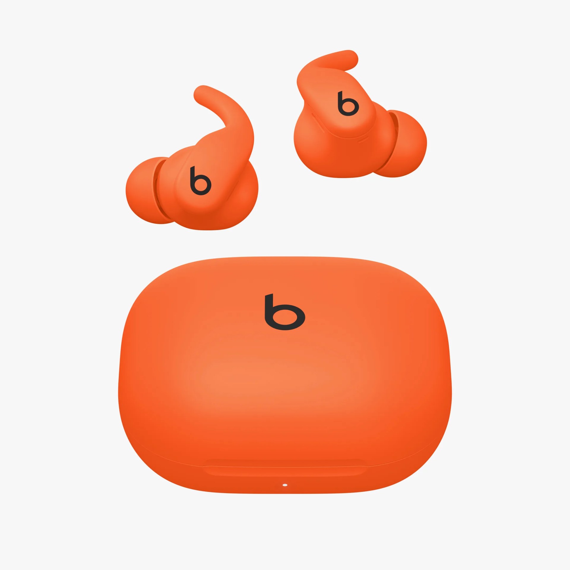 Orange wireless earbuds with a matching charging case, each earbud featuring a small hook for secure fit and a black 