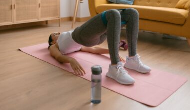 Woman doing glute bridge exercise with resistance band on yoga mat at home, next to sofa