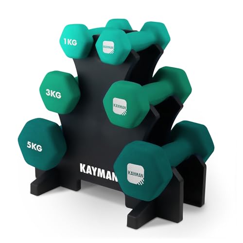 Kayman Neoprene Dumbbells Set With Stand &ndash; 1kg, 2kg, 3kg Hex Hand Weights for Home and Gym &ndash; Anti-Slip Grip, Water-Resistant Coating &ndash; Weights Dumbbells Set for Strength Training and Workouts