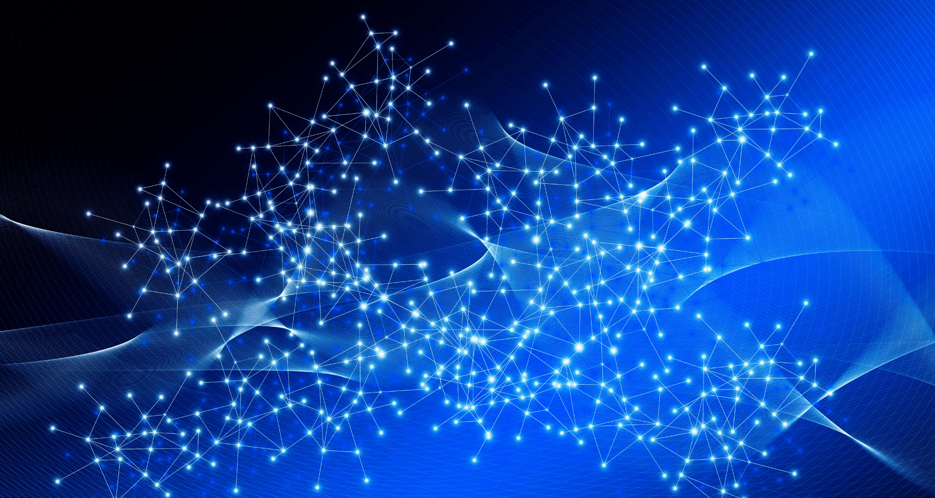 A series of bright blue dots connected by small lines over a darker blue background