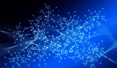 A series of bright blue dots connected by small lines over a darker blue background