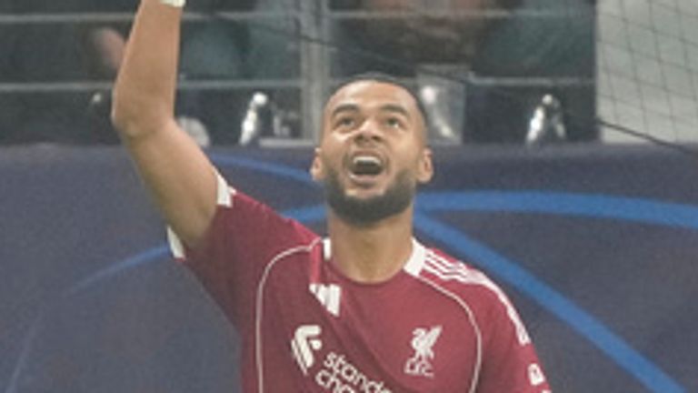 Liverpool's Cody Gakpo celebrates after scoring his side's fourth goal during the Champions League opening phase soccer match between Eintracht Frankfurt and Liverpool in Frankfurt, Germany, Wednesday, Oct. 22, 2025. (AP Photo/Michael Probst)