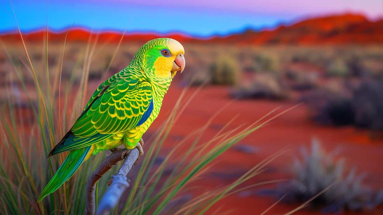 Illustration of the rediscovered nocturnal parrot in its natural habitat.