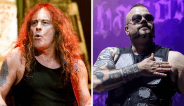 Steve Harris of Iron Maiden onstage in 2025, and Joakim Brod&eacute;n of Sabaton onstage in 2024