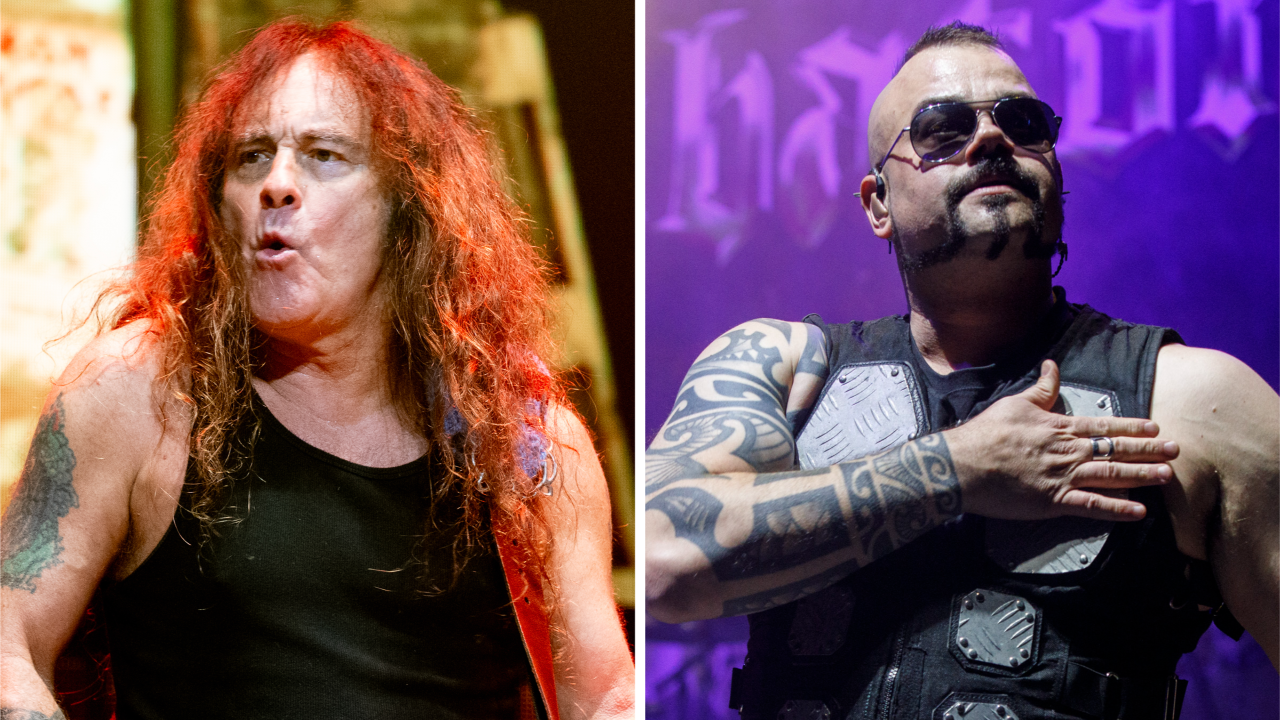 Steve Harris of Iron Maiden onstage in 2025, and Joakim Brod&eacute;n of Sabaton onstage in 2024