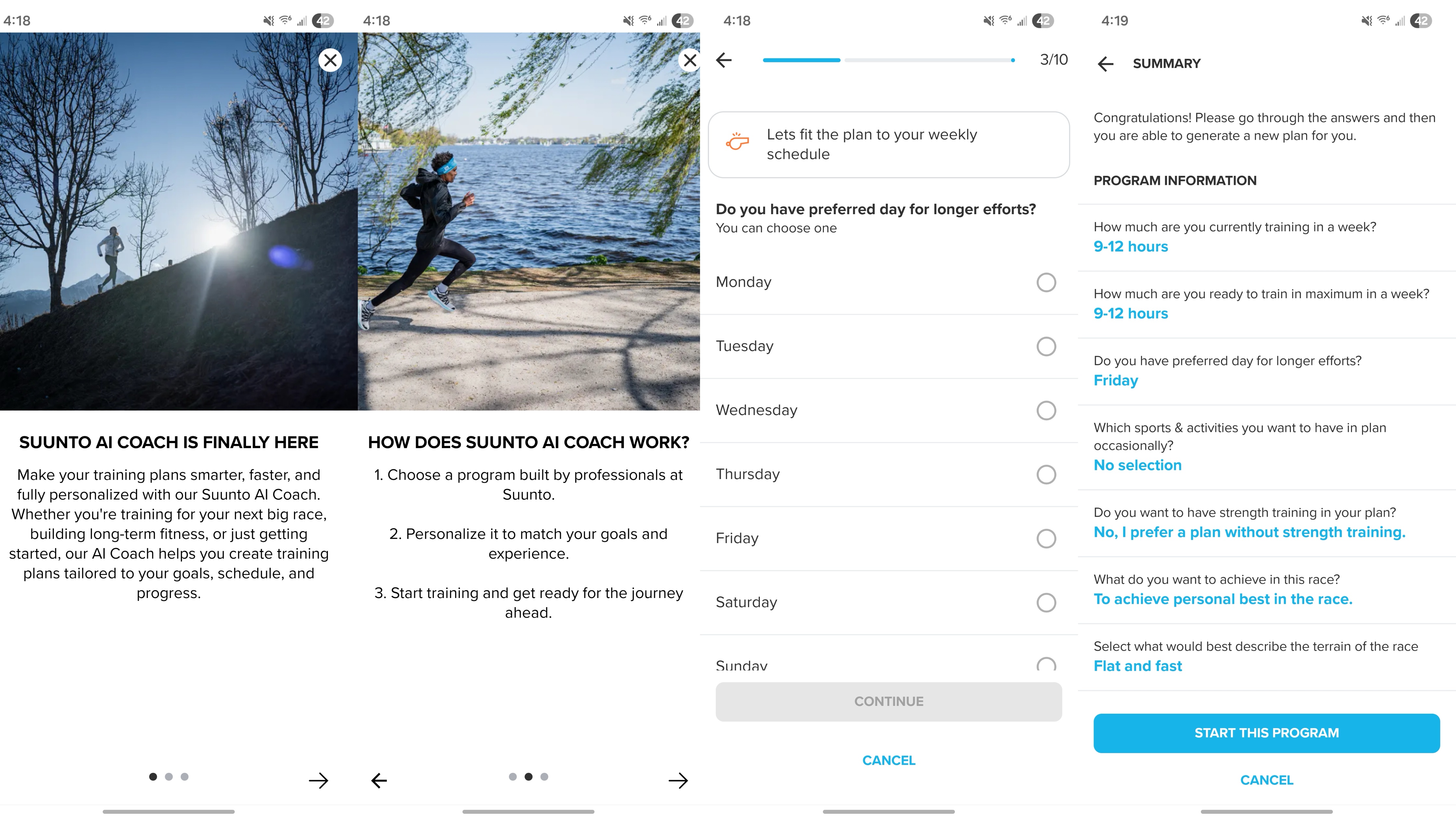 Screenshots of the Suunto app showing Suunto Coach and My Plan AI features.