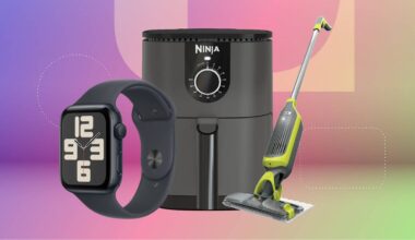 A smartwatch, air fryer and cordless vacuum against a pink gradient CNET background.