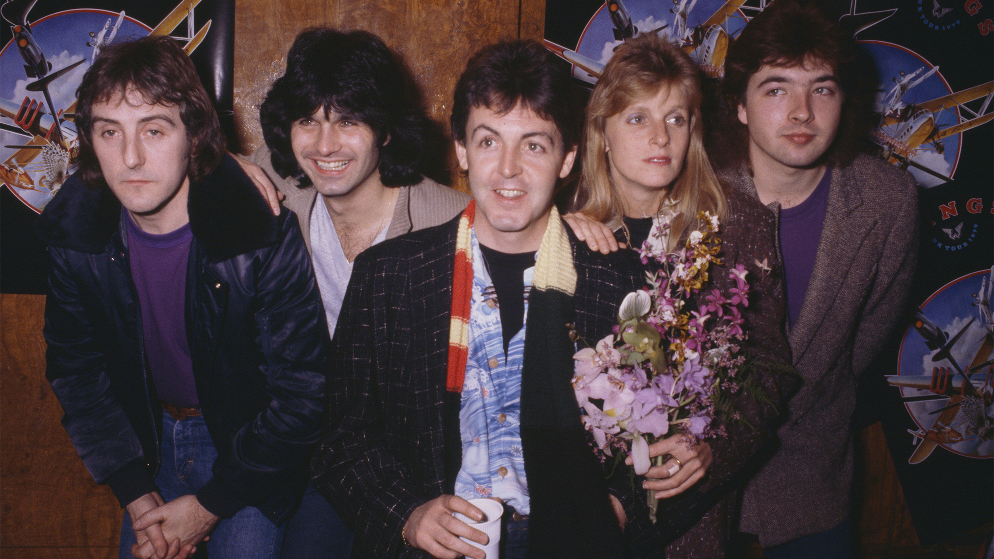 A photo of the final line-up of Paul McCartney and Wings, shot at the Royal Court Theatre, Liverpool, as part of their tour of the UK to promote their newest album 'Back To The Egg' in November 1979. (L-R) Rhythm Guitarist-Vocalist Denny Laine (1944 - 2023), lead guitarist Laurence Juber, bassist-vocalist Paul McCartney, keyboard player-vocalist Linda McCartney (1941 - 1998), drummer Steve Holley.