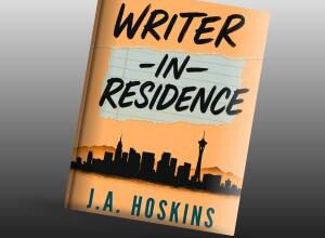 The image shows the Writer-in-Residence Book Cover, featuring a Las Vegas skyline set against a backdrop of hills.
