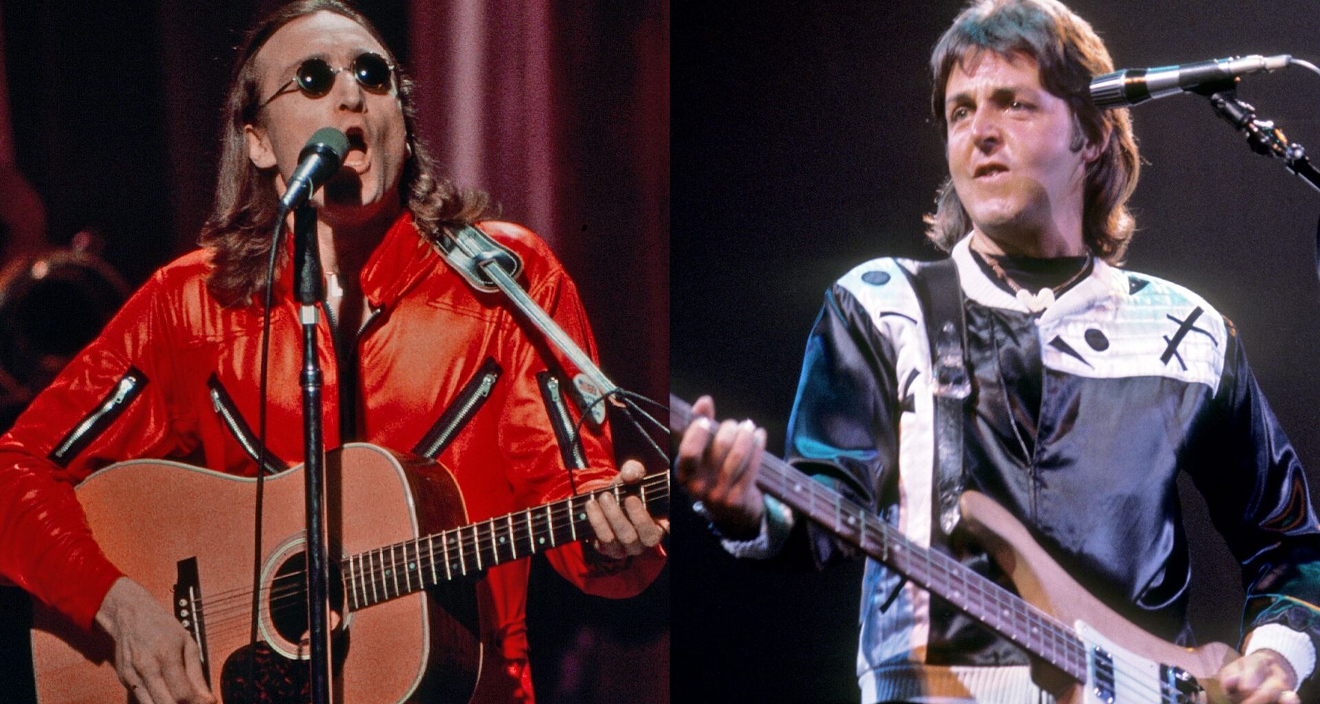 LEFT: New York, NY - 1975: John Lennon performing live in his last public performance on the ABC tv special 'Salute to Sir Lew - The Master Showman' at the Grand Hilton Hotel. RIGHT: Paul McCartney performs live on stage with Wings in Fort Worth, Texas on May 03 1976