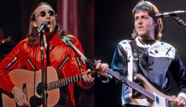 LEFT: New York, NY - 1975: John Lennon performing live in his last public performance on the ABC tv special 'Salute to Sir Lew - The Master Showman' at the Grand Hilton Hotel. RIGHT: Paul McCartney performs live on stage with Wings in Fort Worth, Texas on May 03 1976