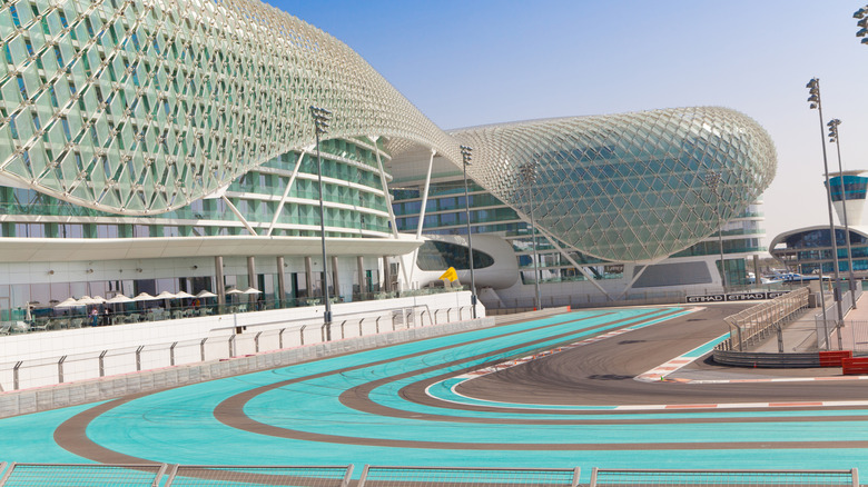 The W Abu Dhabi hotel on Yas Island overlooking and overlaying the Yas Marina Circuit