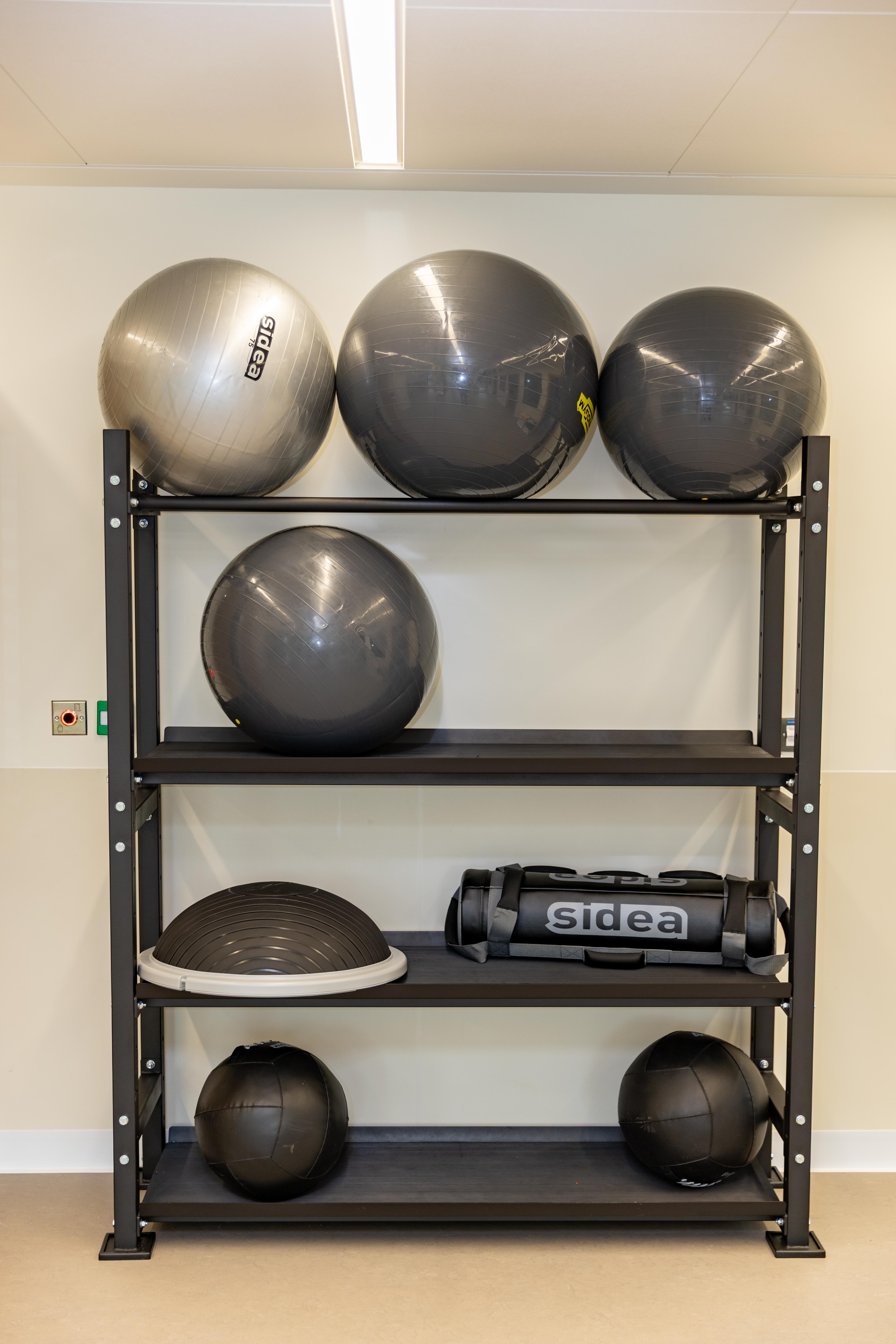 A black metal shelving unit with rehabilitation equipment, including grey exercise balls, a black half-dome balance trainer, a black cylinder-shaped weight, and two black medicine balls.