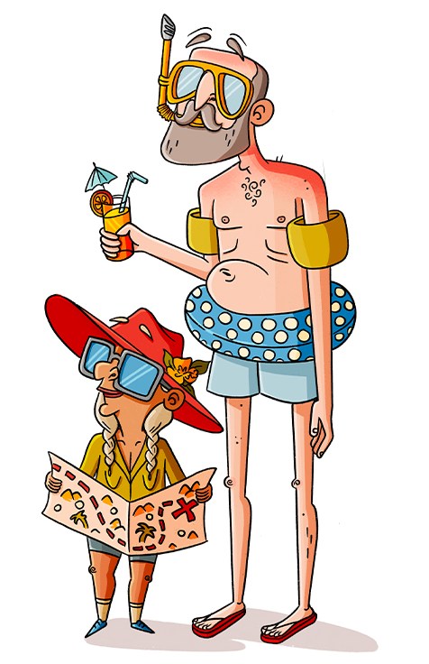 Illustration of a tall, sunburned man with a floatie and a shorter person with a map, both wearing beach attire.