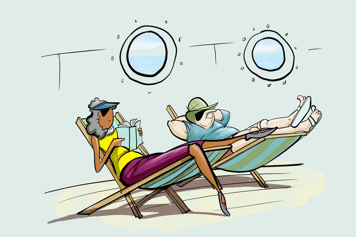 Illustration of a woman reading and a man napping in lounge chairs on a boat deck, with two portholes showing the sea.