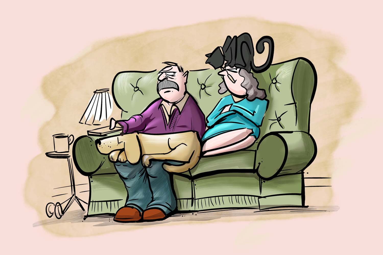 Illustration of a man and woman on a green couch, with a dog on the man's lap and two cats on the woman's head.